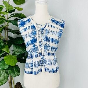 RAGA ANTHROPOLOGIE TIE DYE BLUE V NECK LACE CROP PEPLUM CAMI TANK TOP